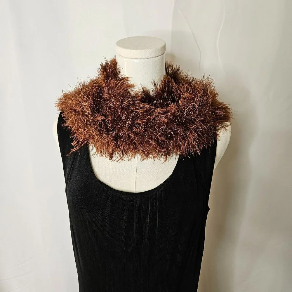 Brown Plush Glitter Eyelash Hand-Knit Scarf Boa Narrow Lightweight